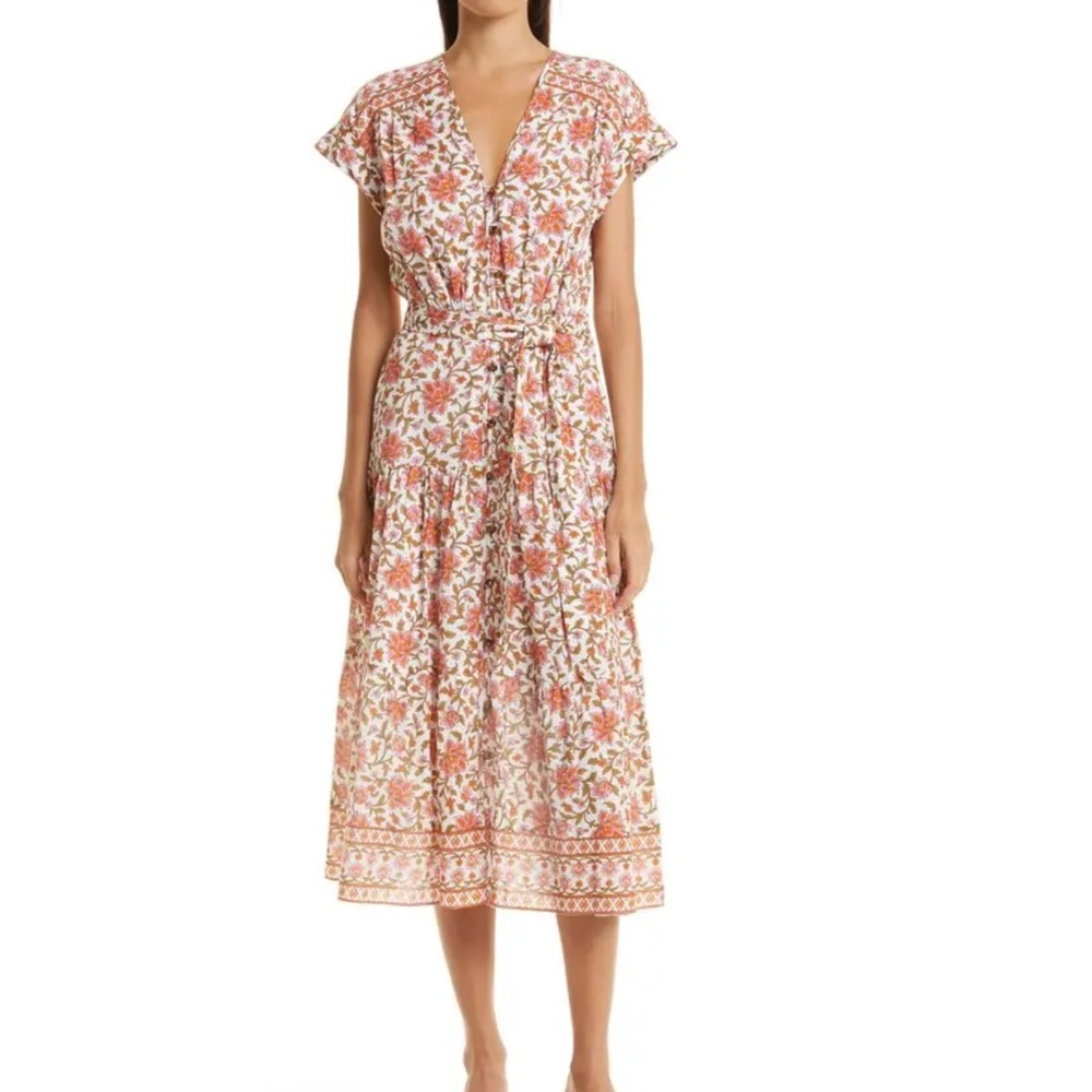 Veronica Beard Lexington Floral Printed Midi Dress Size 0 Women Cotton V Neck